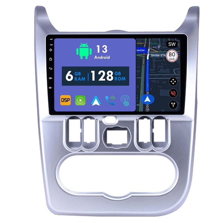 Navigatie GPS CarPlay Radio pentru Renault Logan 1 Sandero 2009 - 2015 pentru Dacia Duster 2010 - 2017 Android Auto Stereo Bluetooth Ecran Tactil 6GB RAM, 128GB ROM