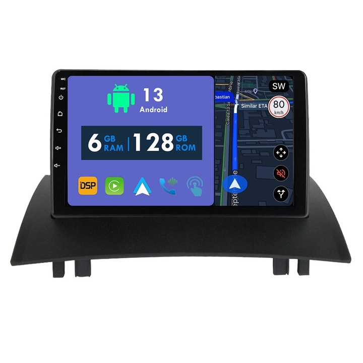Roverone, GPS-navigációs CarPlay rádió Renault Megane 2 2002-2009 Android Auto Stereo Bluetooth érintőképernyőhöz 6 GB RAM, 128 GB ROM