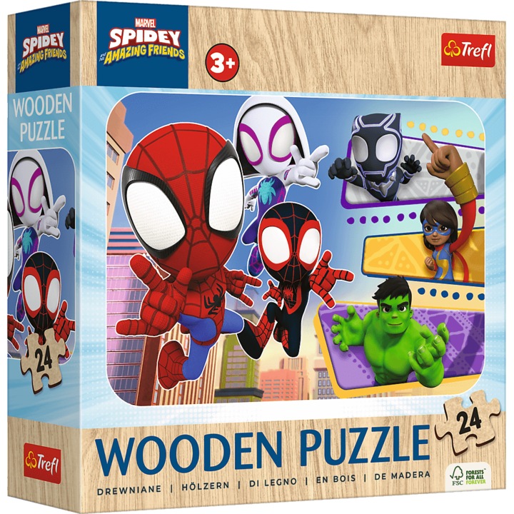 Puzzle din lemn TREFL Spidey si prietenii sai, 24 de piese, 28x19,5cm, ecologic