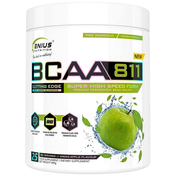 Хранителна добавка Genius Nutrition BCAA 811 / 8:1:1, Зелена ябълка, 400 грама