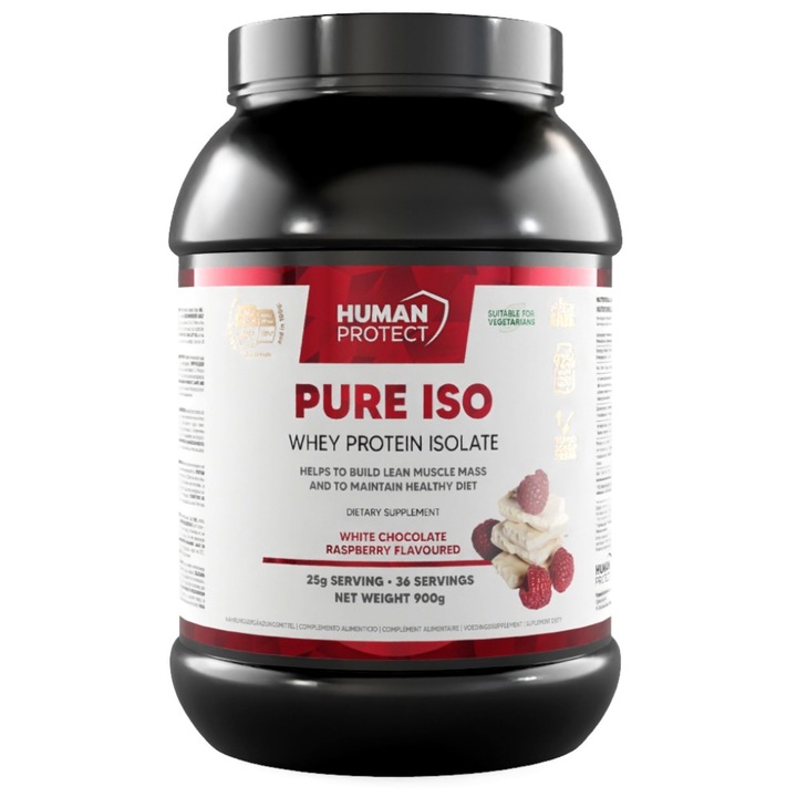 Хранителна добавка Human Protect Pure Iso Whey Protein Isolate, Бял шоколад с малини, 900 грама