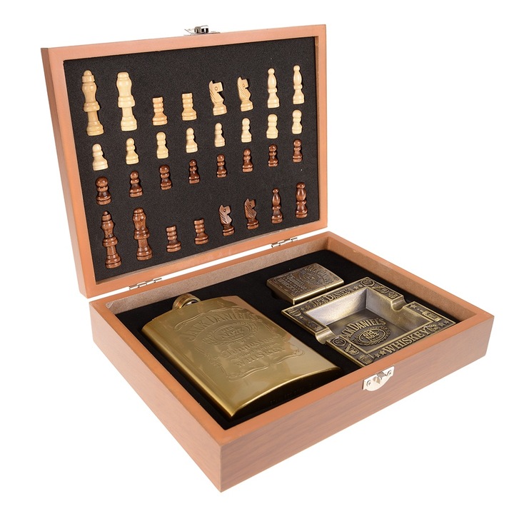 Set de sah, tip clasic, din lemn, cu accesorii, 4 piese