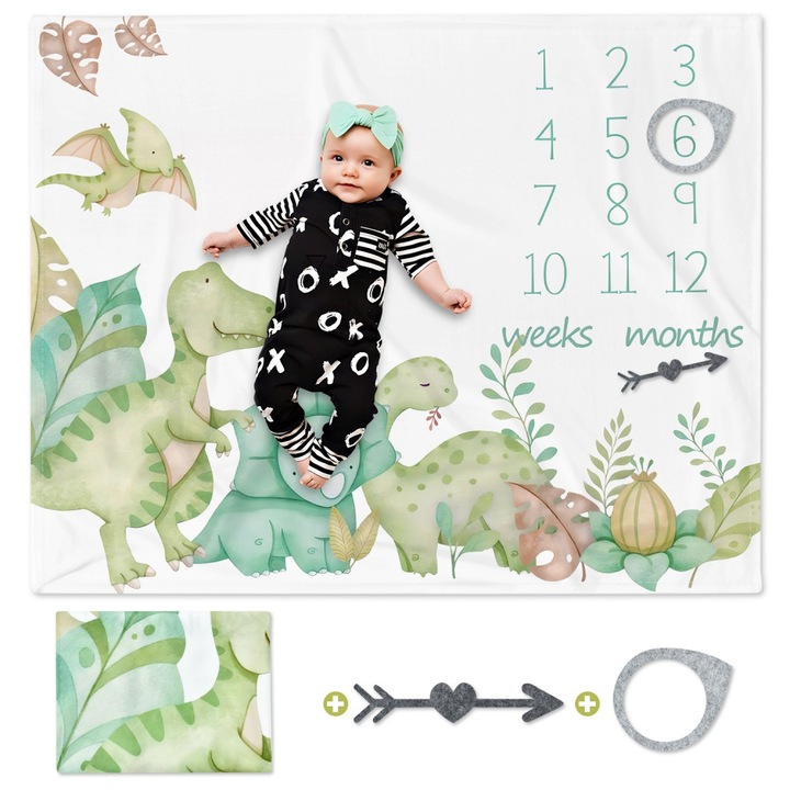 Комплект бебешка постелка, RUIOMII, тема динозавър, наситено зелено, 101x127 см