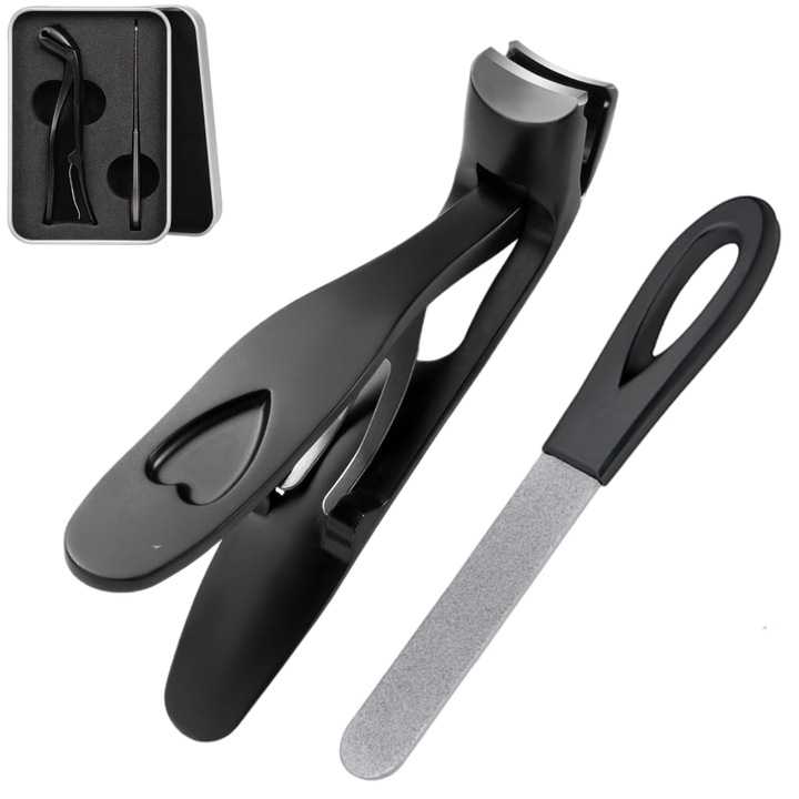 Professzionális rozsdamentes acél körömreszelő, XUNNING®, fröccsenésgátló kialakítás, ergonómiailag adaptált, lábak időseknek, terhes nők, felnőttek, fekete