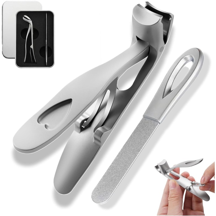 Professzionális rozsdamentes acél körömreszelő, XUNNING®, reszelő, fröccsenésgátló kialakítás, ergonómiailag adaptált, lábak időseknek, terhes nők, felnőttek, ezüst