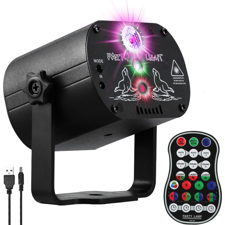 Disco fényprojektor, 60 effektus, hangvezérlés, RGB, lézer, USB, távirányítóval, 77x72x87 mm, alumínium ötvözet, fekete