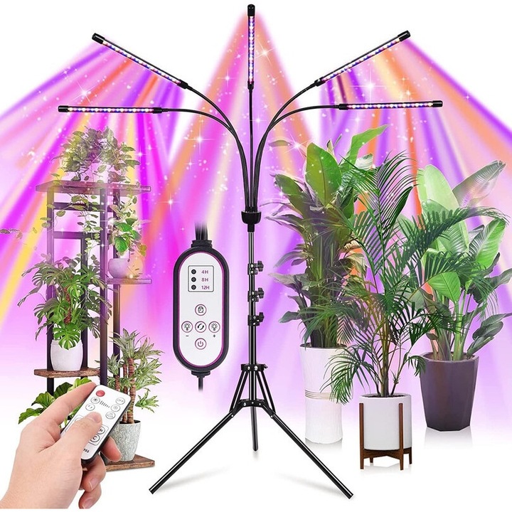 Lampa UV full spectrum pentru cresterea plantelor, 1 Set 5 capete plantelor Lampa de lucru, Total 100 de LED, lampa de crestere cu cablu de 5V 3A cu comutator automat 4/8/12H, 10 niveluri de luminozitate reglabile, 15W