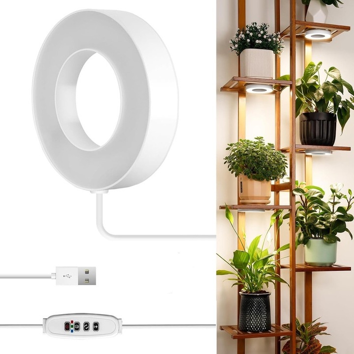Lampa UV full spectrum pentru cresterea plantelor, 48 LED, lampa de crestere cu cablu de 5V cu comutator automat 3/9/12H, 10 niveluri de luminozitate reglabile, ideal pentru plante mici, 7 W