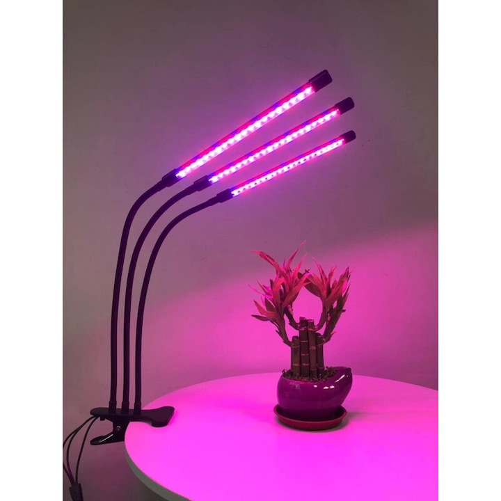 Lampa UV full spectrum pentru cresterea plantelor, 1 Set 3 capete, Lampa de lucru, Total 60 LED, 5V 3A cu comutator automat 3/9/12H, 10 niveluri de luminozitate reglabile, ideal pentru plante mici, gat de gasca reglabil, 12W