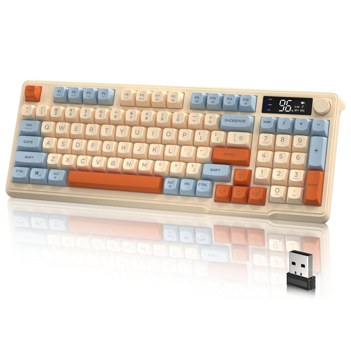 Безжична клавиатура, MOSMAOO®, Bluetooth, Dazzling Colorful Light, 96 Keycap Design, Multiple Device Connection, Electronic Display, Dual Mode Connection, Pale Pink
