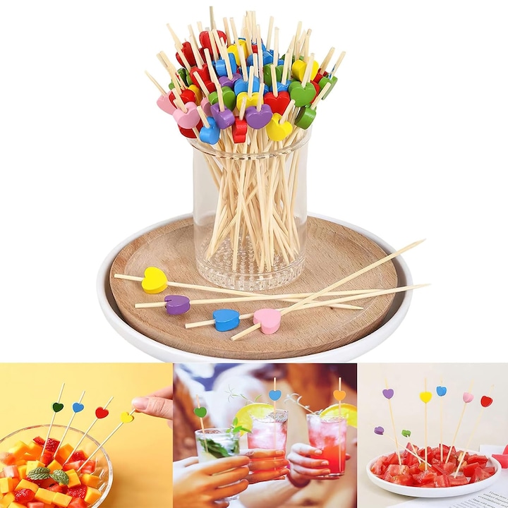 Set scobitori pentru aperitive, SINBINTA, 100 Buc, Puternic, ascutit si suficient de lung, Ecologic si economiseste timp, Suprafata este neteda, sigura si durabila, Pentru petrecere, aniversare, nunta, dus de mireasa, Bambus, 10cm, Multicolor