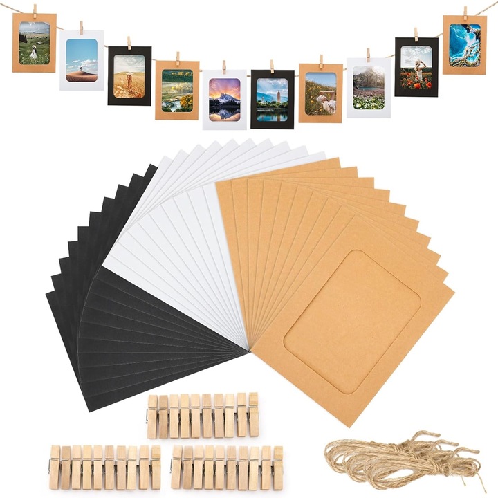 Set rame foto de agatat, SINBINTA, 30 buc, Cu sfoara, Nu sunt usor de deteriorat, Constuctie robusta, Flexibil si versatil, Usor de instalat si utilizat, Pentru lucrari de arta sau artizanat, printuri, felicitari, Carton, 15.1x11.6cm, Alb/Negru/Bej