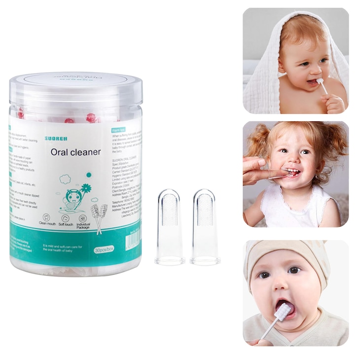 Set 30 buc periute de dinti, SINBINTA, Cu 2 Periuta de dinti pentru copii, Sigur fara stimulare, Design de perie cu valuri 3D, Indepartati petele de pe gura, petele de lapte, placa de pe limba, Bumbac/Silicon, 15x75mm, Alb