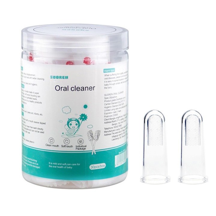 Комплект четки за зъби от 30 бр., SIBINTA, с 2 детски четки за зъби, безопасен без стимулация, 3D вълнообразен дизайн на четката, премахва петна от устата, петна от мляко, плака по езика, памук/силикон, 15x75 мм, бял