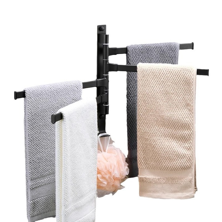 Suport pentru prosoape de baie, negru, pliabil, rotativ