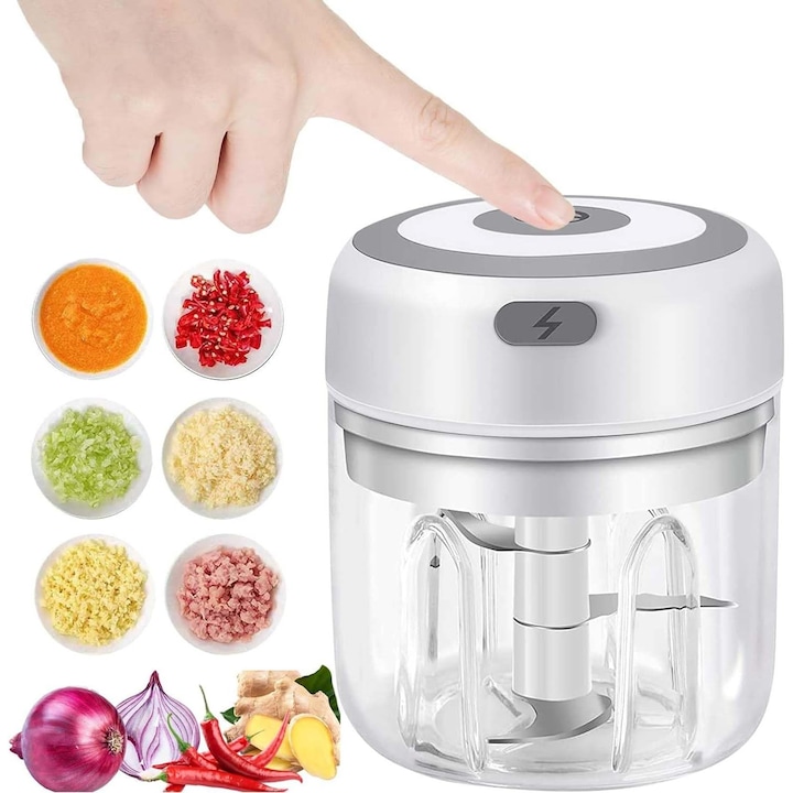 elektromos aprító, AYCYKD, Hordozható elektromos turmixgép, 3 penge, 8,5x8,5x12 cm, zöldségekhez, gyümölcsökhöz, húsokhoz, fokhagymához, hagymához, gyömbérhez, fehér
