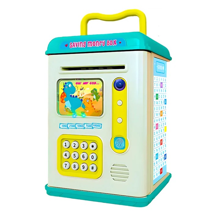 Pusculita Copii, OPTIM SOLUTION, Tip ATM, Parola cu Amprenta Digitala, Dezvoltare Cognitiva, Stimuleaza Imaginatia, Design Interactiv, Educativ, Efecte Sonore si Luminoase, Piggy Bank, Albastru