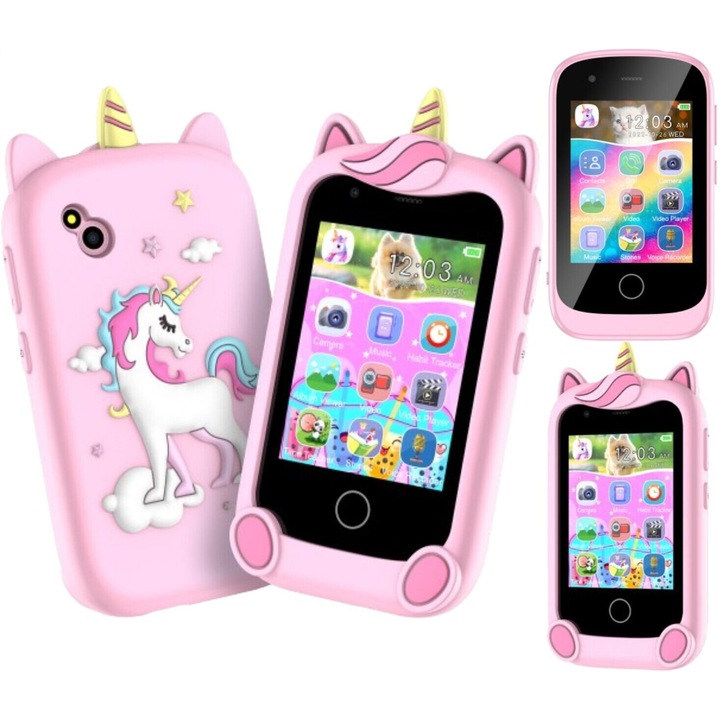 Многофункционален телефон и играчка 2в1 MiniPHONE® X3 със 17 игри, 2G, повикване, 10 аудиокниги, Монтесори дейности, уроци по азбука, пъзели, функции за учене, снимки/видео, 30 фонови изображения, MP3 плейър, родителски контрол, фенерче, розов