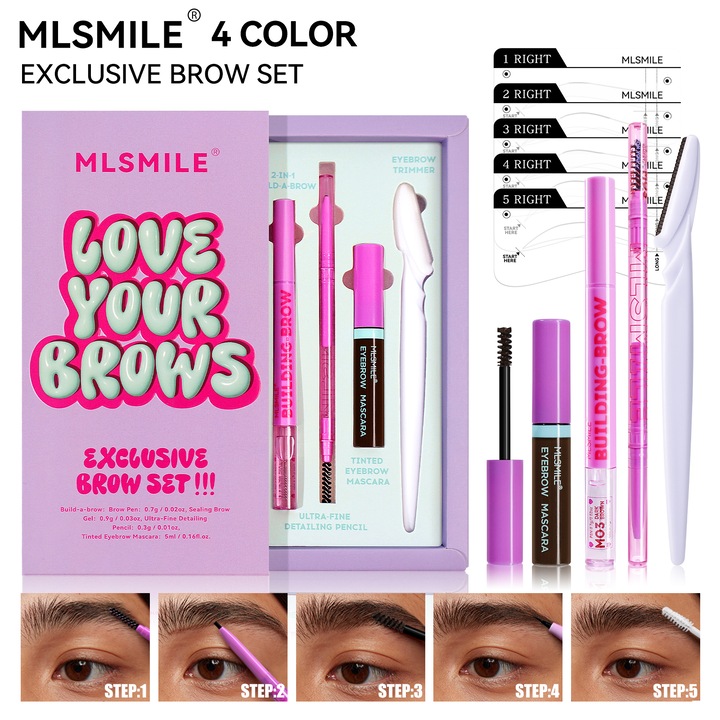 Creion pentru sprancene MLSMILE 4 piese Set, creion sprancene 2-in-1, gel, mascara colorat, trimmer sprancene, maro inchis