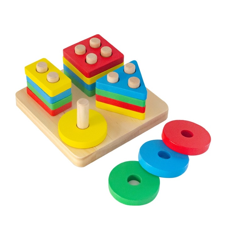 Macvi® válogatójáték gyerekeknek, 16 darab, geometriai formák, 4 válogatóoszlop