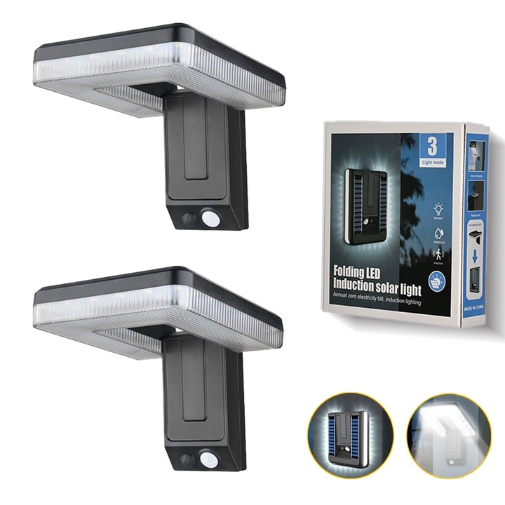 Set 2 Lampa solara de exterior Yulinland®, si 3 moduri de iluminare, lumini de securitate cu sensor de miscare, pliabil, IP44, rezistente la apa, alimentat cu energie solara pentru curte, gradina