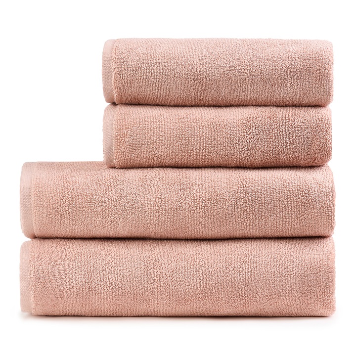 Set 4 prosoape calitate premium, 580 g/ m², 100 % bumbac, Pure Terry, foarte moi, certificat OEKO TEX, Prosop de baie 70x140 cm si prosop de maini 50x100 cm cate 2 bucati, super absorbante, rezistente la spalari multiple, culoare roz