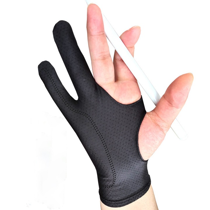 Ръкавица за графичен таблет, Два пръста, Предотвратяваща случаен контакт, Универсална за лява и дясна ръка, Бързосъхнеща и дишаща материя, S, Черен