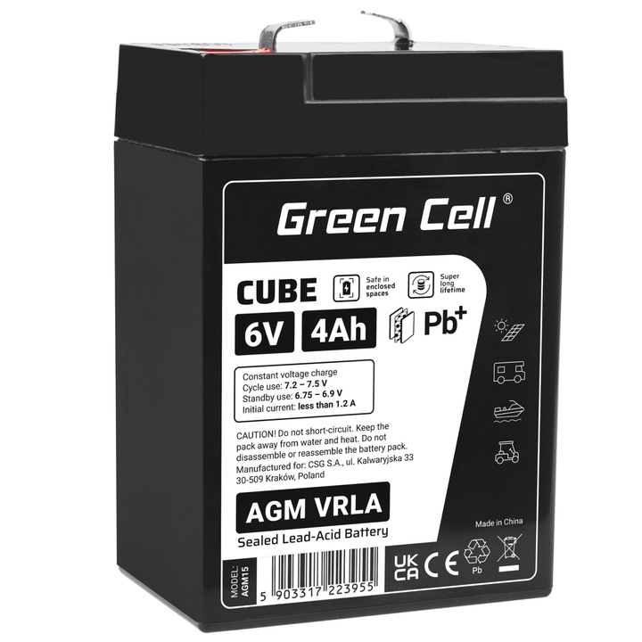 Baterie fara intretinere Cube AGM VRLA IP54 6V 4Ah pentru sisteme de alarma, case de marcat, jucarii