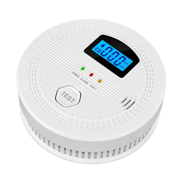 Senzor Detector 2 in 1 Monoxid de carbon si Fum Begleri®, Display LCD pentru monitorizare a Concentratiei de Gaz in Timp real, avertizare sonora si luminoasa, Indicator stare led, Alimentare baterii, Alb