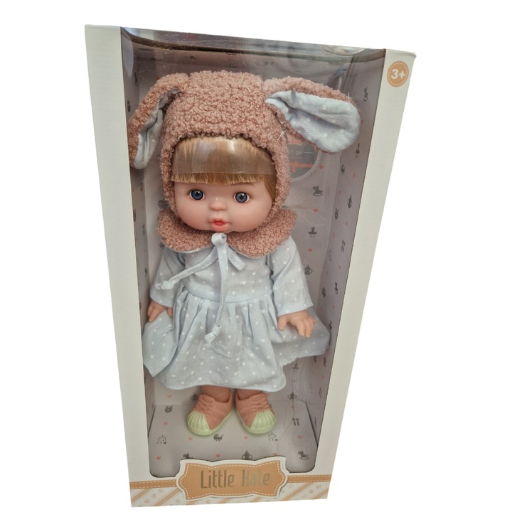 Papusa Little Kate cu caciula, guler, rochie, si incaltari detasabile, 38 cm