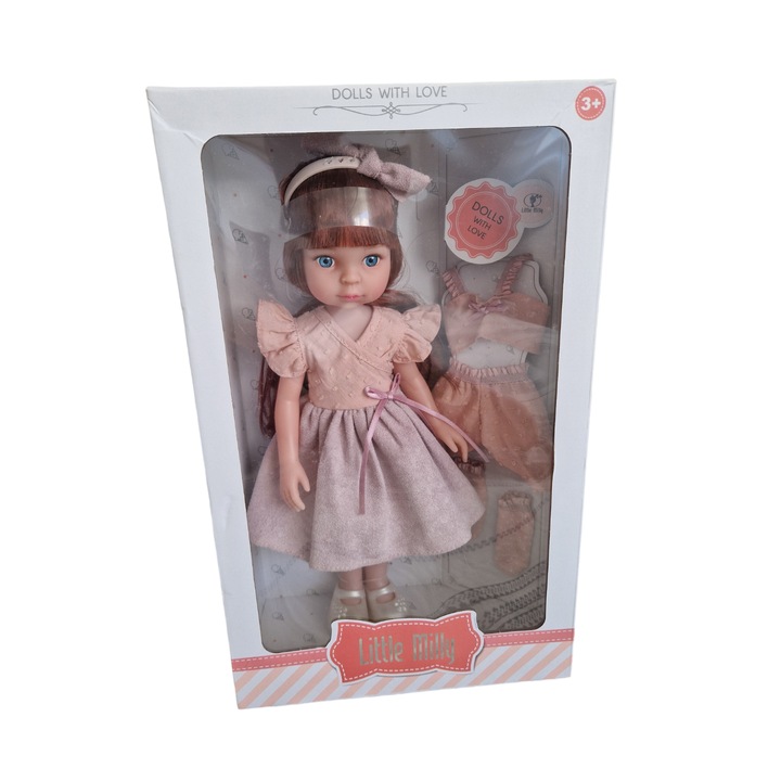 Kis Kate baba fejpánttal, ruhával, pulóverrel és levehető cipővel, 38 cm