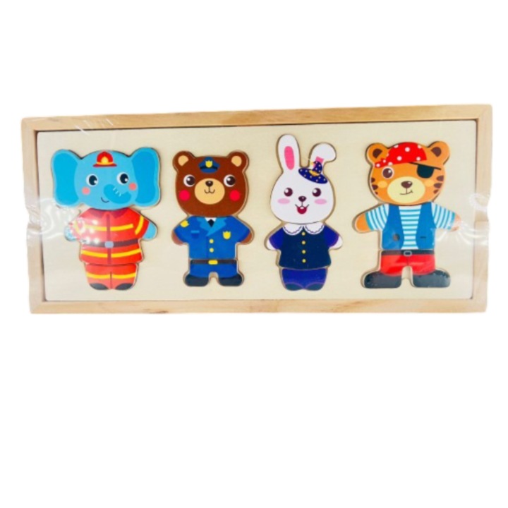 Puzzle Montessori pentru asociere vestimentatie Mixbo, Elefant, Urs, Iepure, Urs pirat, lemn, multicolor