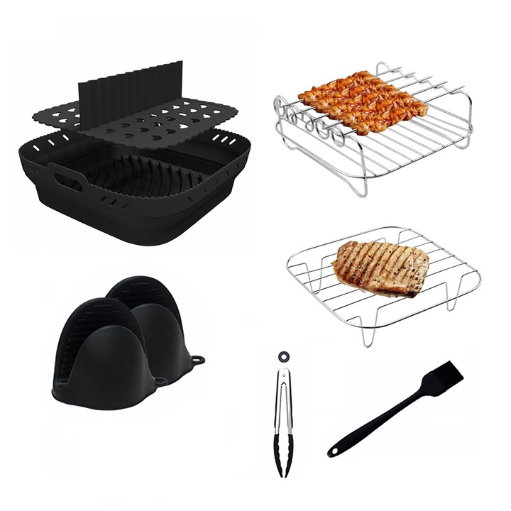 8 bucati accesorii pentru friteuza cu aer, negru, silicon, metal, gratar cu frigarui, compatibil cu modelele de 5.5 litri