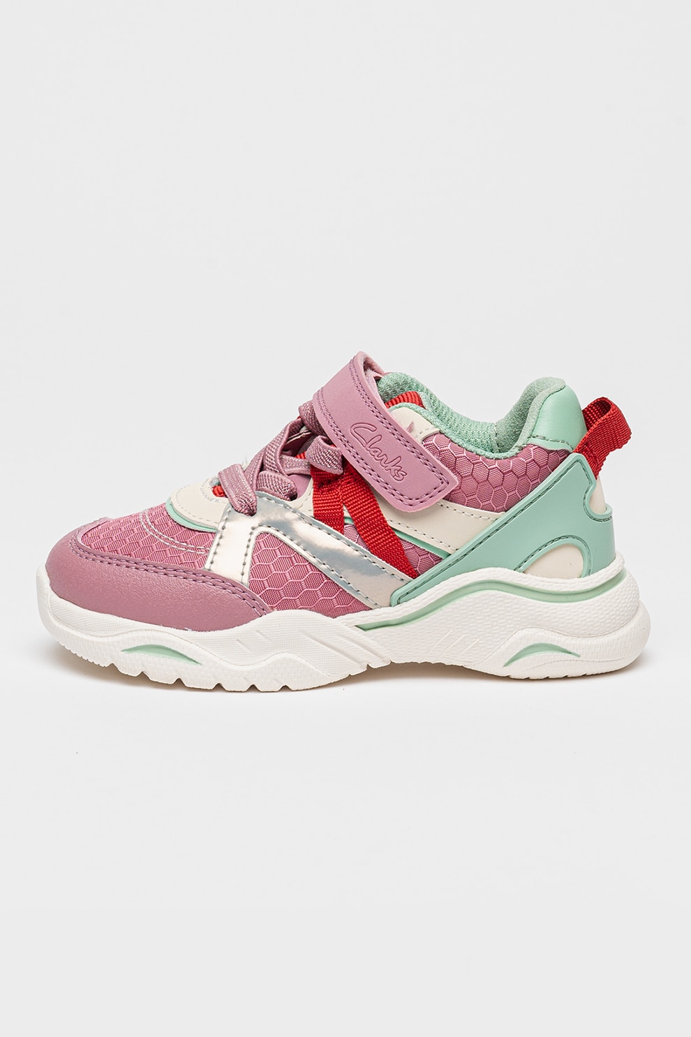 Clarks, Pantofi sport cu insertii logo si velcro, Roz prafuit, Verde menta, 24 EU