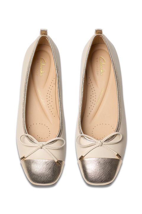 Clarks, Szögletes orrú bőr balerinacipő, Aranyszín/Krémszín