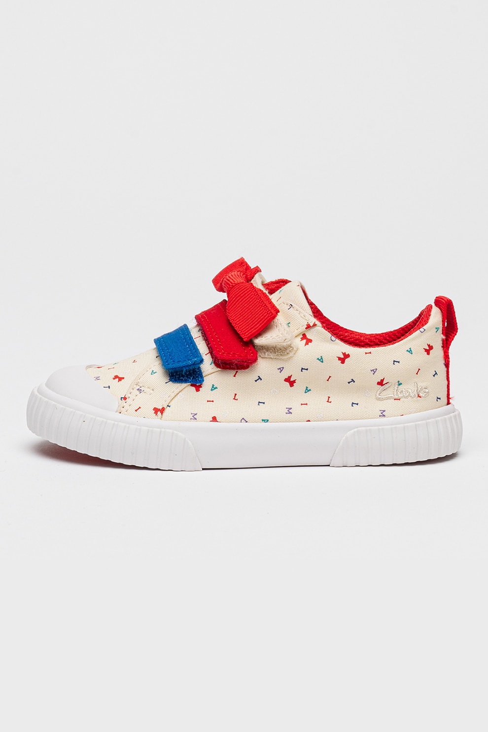 Clarks, Pantofi sport cu imprimeu si velcro Foxing, Rosu, Albastru, Bej deschis, 27 EU