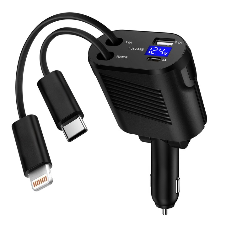 OEM 4 az 1-ben bővíthető autós töltő, gyors autós töltő 2,6 láb kábellel, USB-C autós adapter és az Apple számára