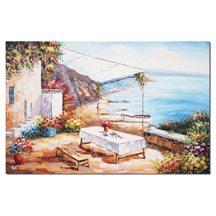 Tablou gigant priveliste de pe terasa la malul marii pictat manual, 120x80cm ulei pe panza, Valentin Pop