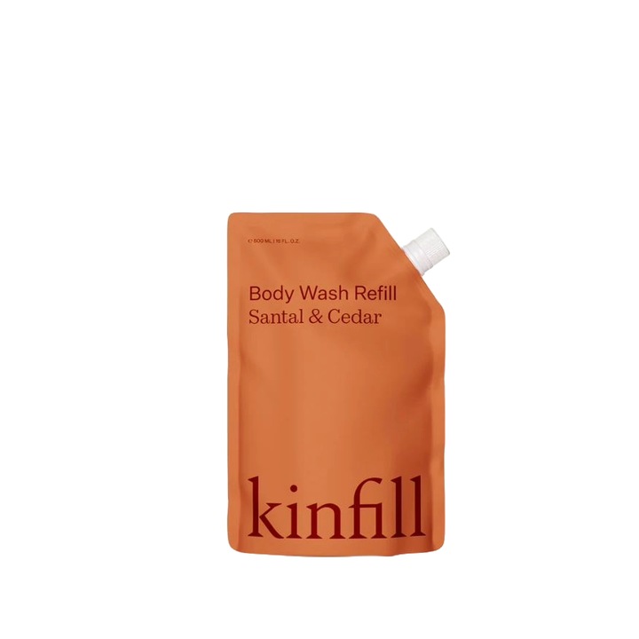 Gel de dus refill Kinfill, Santal & Cedar, vegan, 500 ml, fara sulfati si silicon