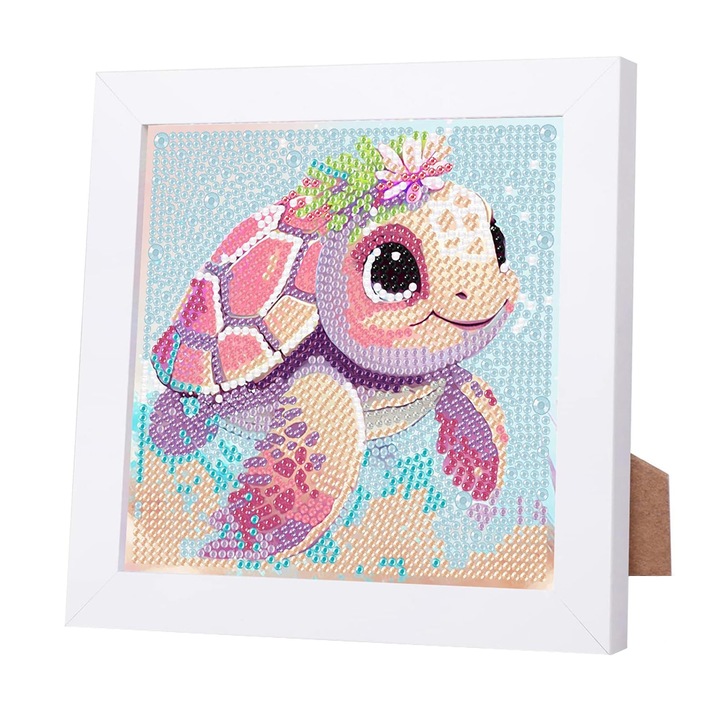 Set de broderie cu diamante 5d, model de broasca testoasa, cu rama, mozaic, potrivit pentru copii, incepatori si fete, cadou creativ, Pictura cu diamante 18x18 cm, 6-12 ani, Multicolor