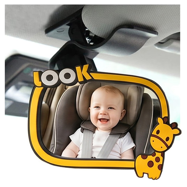 Oglinda retrovizoare auto, pentru supravegherea copiilor, Unghi Larg, Rotire 360°, Anti-slip, Fixare cu clips, fixata pe parasolar, Instalare usoara, PVC, 106x75 mm, Galben