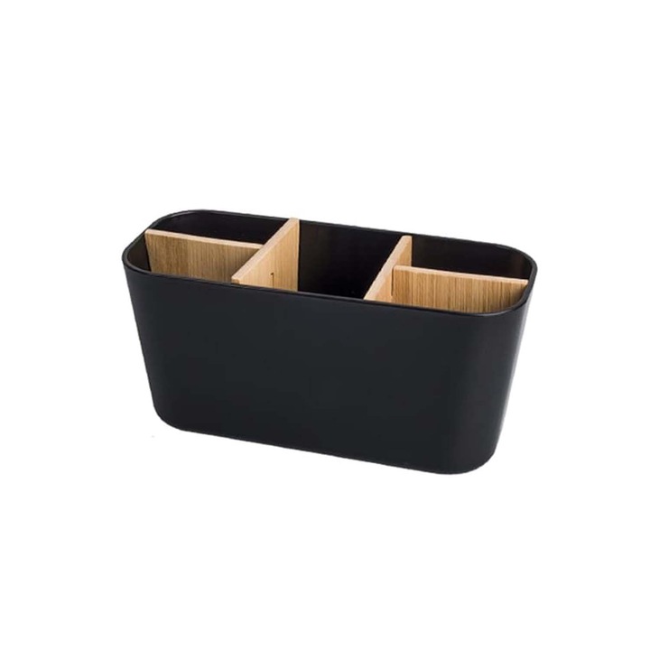 Cutie de depozitare periute de dinti, ZXJDN®, cu 5 compartimente de depozitare, din lemn de bambus, potrivita pentru periute de dinti electrice, pasta de dinti si aparate de ras, 21.5x9x10cm, negru