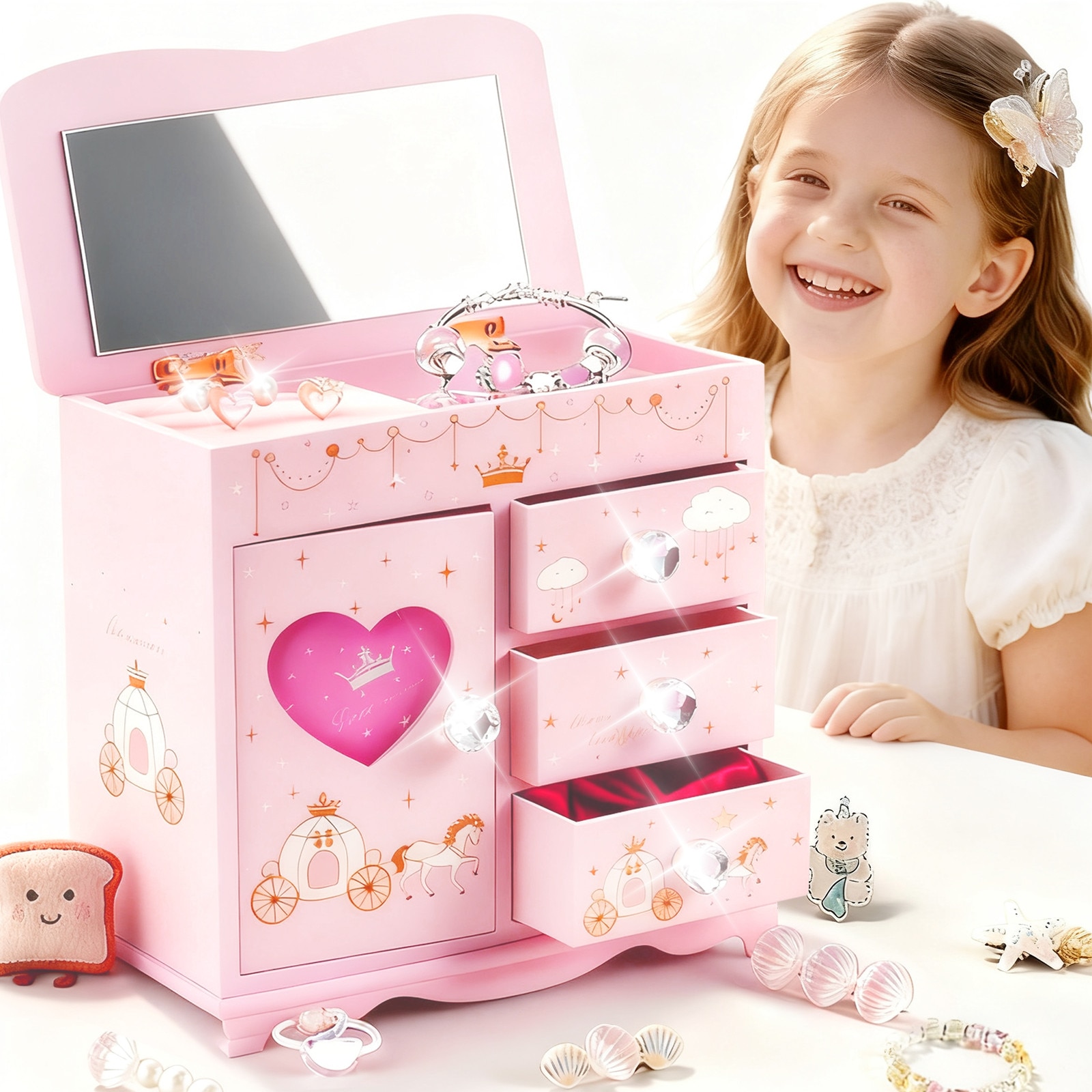 Cutie Bijuterii Copii, BYONDSELF®, 4 Niveluri, cu Oglinda si