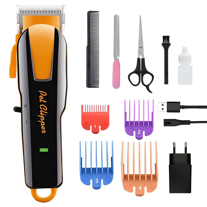 Машинка за подстригване на животни, BYONDSELF®, 2000 mAh, 6500 RPM, 4 сменяеми глави, двигател с ниско ниво на шум, предлага се с ножица, гребен, пила, адаптер, подходяща за котки, кучета, черно/жълто