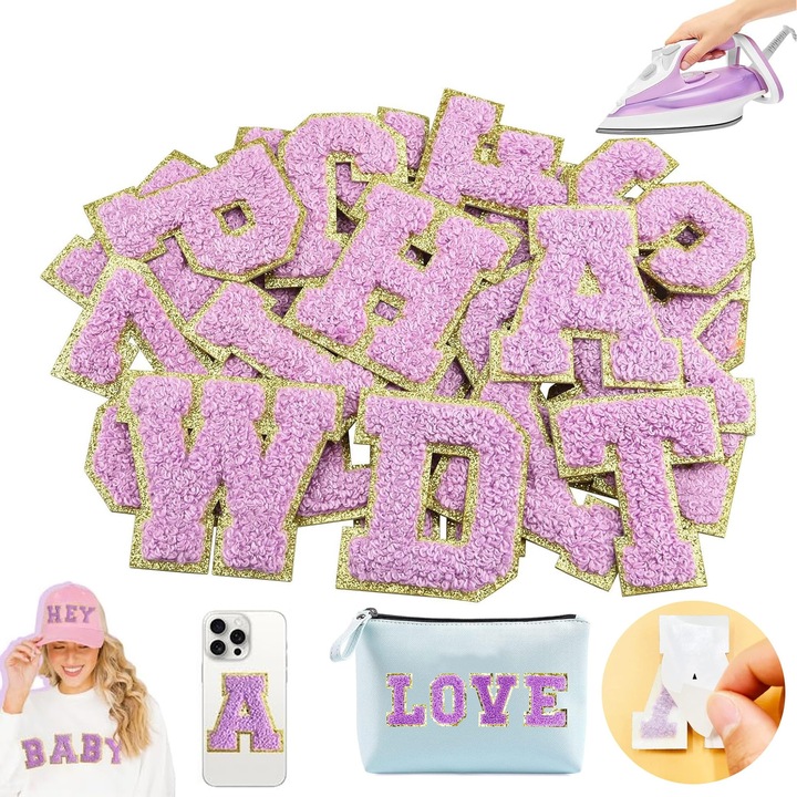 Set 26 aplicatie termoadeziva, SINBINTA, Petice imbracaminte, A-Z, Model de litere, Un singur strat, Broderie rafinata, Autoadezive, Usor de utilizat, Pentru tricou, Jeans, Genti, Fusta, Poliester, 5.5cm, Violet