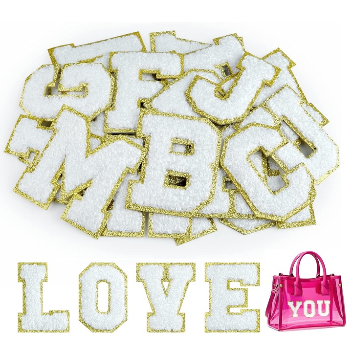 Set 26 petice imbracaminte, SINBINTA, A-Z, Model de litere, Un singur strat, Broderie rafinata, Autoadezive, Rezistent la uzura, Durabil, Usor de utilizat, Pentru tricou, Jeans, Genti, Fusta, Poliester, 5.5cm, Alb