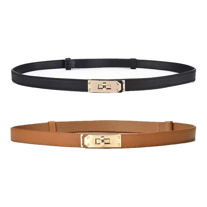 Комплект от 2 колана за жени, SIBINTA, Регулируем размер, 50-95см, Класически модел, Тесен, Многократна употреба, Устойчив на износване, Без избеляване, Елегантен, За рокли, Ризи, Панталони, Естествена кожа/Метал, Черен/Кафяв