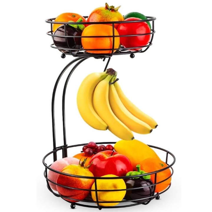 Kivehető vasalható kétrétegű gyümölcskosár otthoni tároláshoz banántároló tartóval, fekete
