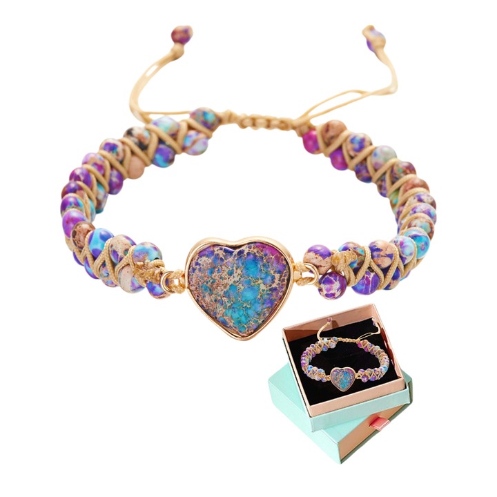 Bratara lucrata manual cu piatra naturala colorata, cu pandantiv in forma de inima, design cu snur reglabil, bratara la moda si unica pentru femei