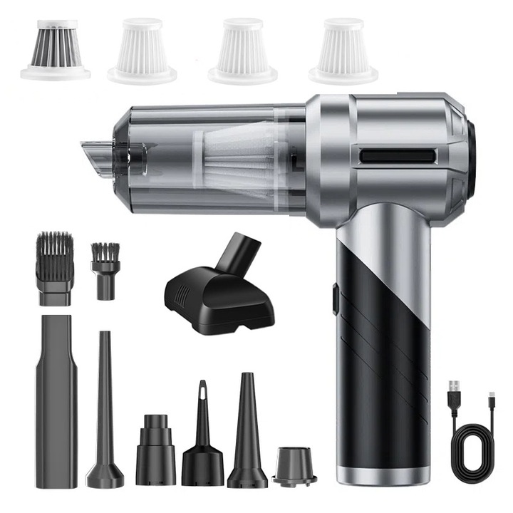 Aspirator auto portabil PICASIO, Pliabil, 15000PA, Baterie 6000mAh, Autonomie 30 min, 120W, Pentru masina si casa, Aspirare, Suflare, Vidare, Umflare, 3 trepte de viteza, 10 accesorii, Aspirare umeda si uscata, 4 Filtre HEPA incluse, Motor Brushless, Gri